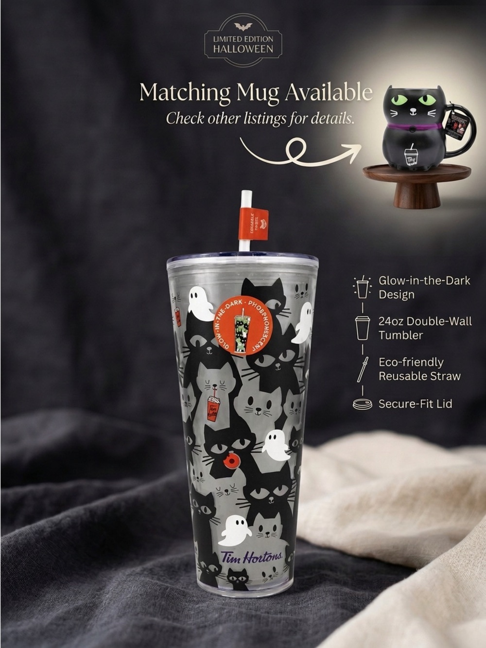 Tim Hortons 2025 Halloween Glow in the Dark Cats Ghosts 24oz Tumbler NWT Spooky